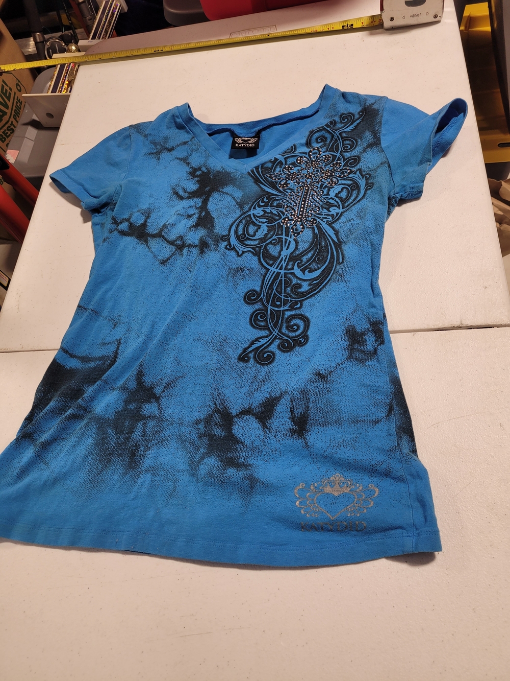 Katydid Blue Short-Sleeve V-Neck Tee with Black Tie-Dye and Rhinestone Detail